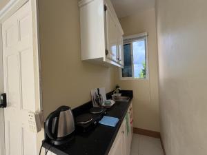 a small kitchen with a black counter and a sink at 1 BR Love Cube in Kingston