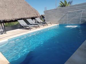 a swimming pool with chairs and a thatch roof at Sanpanchobungalows in San Francisco