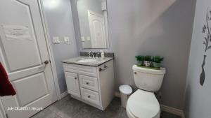 a bathroom with a toilet and a sink and a mirror at Spacious 2 BR, 3 beds, sleeps 6, kitchen, laundry in Richmond Hill