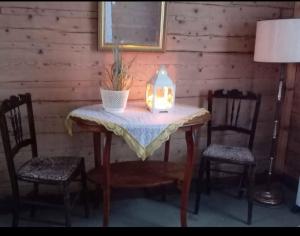 a table with a candle on it with two chairs at Keltainen talo in Ylivieska