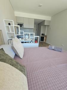 a bedroom with a large bed with a pink blanket at Tower Suites - Exclusiva Suite 9 - Centro de Neuquén in Neuquén +16 photos