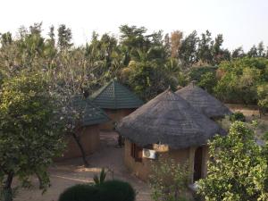 a group of huts with thatched roofs and trees at Campement les Baobabs Abene in Abémé