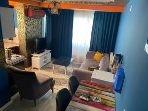 a living room with a couch and a tv at Royal Palace Boutique Otel Boudja in Buca