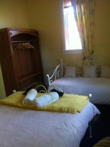 a cat laying on top of a bed in a bedroom at Hall on the Terrace in Temuka