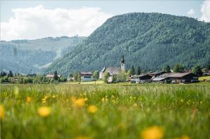a field of grass with a church and a mountain at Ferienwohnung Am Pillersee in Sankt Ulrich am Pillersee