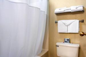 a bathroom with a toilet and a white shower curtain at Quality Inn at Bangor Mall in Bangor