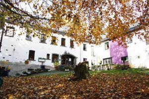 ein großes weißes Gebäude mit Herbstblättern auf dem Boden in der Unterkunft Hotel Feldmaus in Olzheim