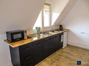 a kitchen with a microwave and a counter with a sink at Căsuța din livadă in Secăria +22 photos