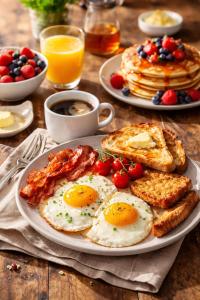 a table with two plates of breakfast food with eggs and toast at Qotel Comfort Golden Saffron - Hotel in Punjabi Bagh Near Metro in New Delhi