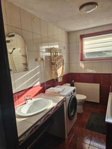 a bathroom with a sink and a washing machine at Noclegi w Dolinie Baryczy in Radziądz +4 photos