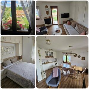 three pictures of a bedroom and a living room at Vila Banstolija in Velika Remeta +16 photos