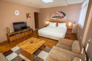 a bedroom with a bed and a tv and a couch at Panorama Top Floor Rooms in Hotel Tundzha in Yambol