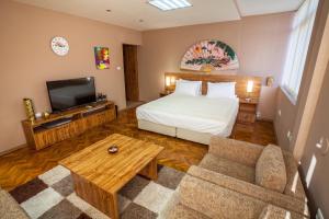 Μια τηλεόραση ή/και κέντρο ψυχαγωγίας στο Panorama Top Floor Rooms in Hotel Tundzha