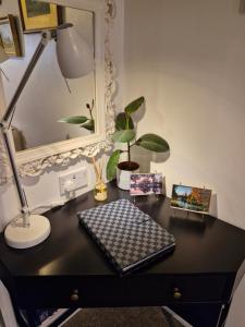 a desk with a lamp and a plant on it at 4 Bancroft place in Stratford-upon-Avon
