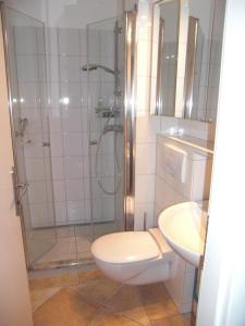 a bathroom with a shower and a toilet and a sink at Strandhotel Wohnung 28 in Dahme +13 photos