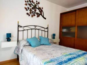 a bedroom with a bed with blue pillows on it at Apartamento Asueto Ordesa in Broto