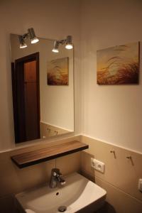 a bathroom with a sink and a mirror at Lindenhof Wohnung 20 in Dahme +8 photos