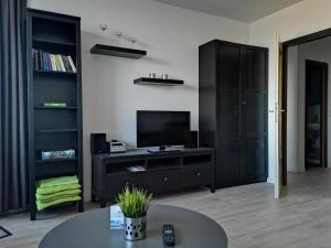 a living room with a television and black cabinets at Strandhotel Wohnung 42 in Dahme