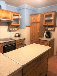 a kitchen with wooden cabinets and a counter top at Memelstrasse 6 in Dahme