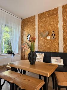 a living room with a table and a couch at visitDINAMO in Kandava