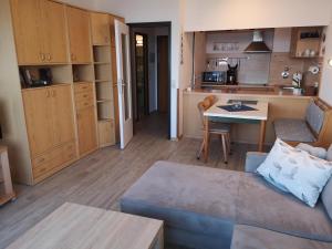 a living room with a couch and a table at Strandhotel Wohnung 61 in Dahme