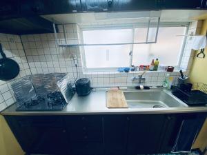 eine Küchentheke mit Spüle und Fenster in der Unterkunft Guest House 楽風 in Anan