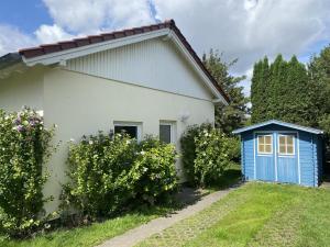 a small white house with a blue door at Villa Baltica Bungalow in Dahme
