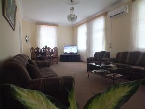 a living room with couches and a table and a television at Guest House Lazuri in Sarpi