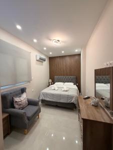 a bedroom with a bed and a desk and a chair at Aggelos Room 1 in Volos