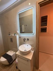 a bathroom with a sink and a toilet and a mirror at Aggelos Room 1 in Volos
