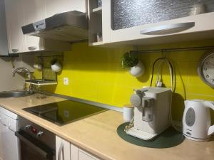 a kitchen with a coffee maker on the counter at Middeltown rose in Alba Iulia +3 photos