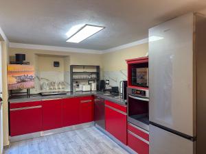 a kitchen with red cabinets and a refrigerator at Ferienhaus Sonnentälchen Weinberg in Konz