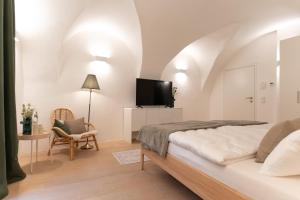 a bedroom with a bed and a tv and a chair at GansFein Suites in Wels