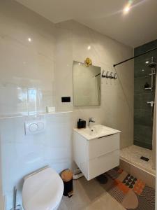 a bathroom with a toilet and a sink and a shower at Maison Coquelin - Adults Only in La Roche-Guyon +81 photos