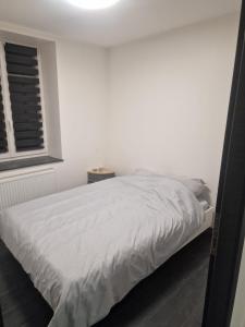 a white bedroom with a bed and a window at appartement Morteau in Morteau