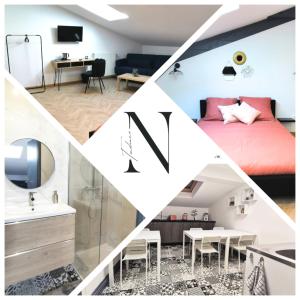 a collage of photos of a bedroom and a bathroom at Nuit Tendance Mâcon - Chambre Moderne Centre ville E in Mâcon