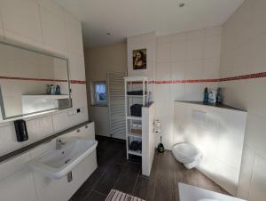 a bathroom with a sink and a toilet at Alte Stadthauswohnung mit Flair in Celle