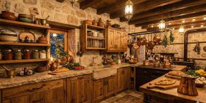 a kitchen with wooden cabinets and a counter top at Zefir Apart in Ordu