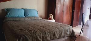a bed with a teddy bear sitting next to it at Habitaciones Cecy in General Juan Madariaga