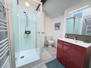 a bathroom with a shower and a red cabinet at Gîte des oiseaux in Préchac +18 photos
