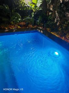 a swimming pool with blue water at night at Loay Villa Stella Helipolis in Madīnat aţ Ţalāʼi‘ +7 photos
