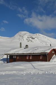 a building covered in snow with a mountain in the background at Tyinholmen hytter in Eidsbugarden