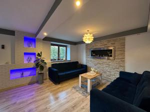 a living room with two blue couches and a fireplace at Domek Pluto Konradów 1 in Lądek-Zdrój