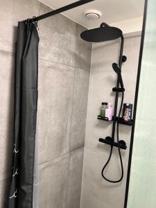 a shower with a black shower curtain in a bathroom at Vatnestrøm in Iveland