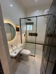 a bathroom with a shower and a toilet and a sink at Omas Apartment in Abuja +5 photos