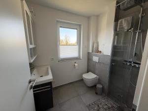 a bathroom with a shower and a toilet and a sink at Moderne Ferienwohnung über 2 Etagen in Bissendorf +14 photos