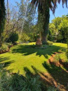a garden with a tree and a fountain in the grass at Philippolis - Reizigers Rust in Philippolis