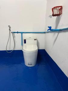 a bathroom with a toilet with a blue floor at KP Backpackers Hostel in Nongkhiaw +24 photos