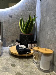 a plant in a pot next to a wooden cutting board at Nido Estivo 2 in Nea Skioni