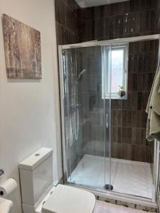 a bathroom with a shower and a toilet at Stylish Didsbury House in Manchester +19 photos